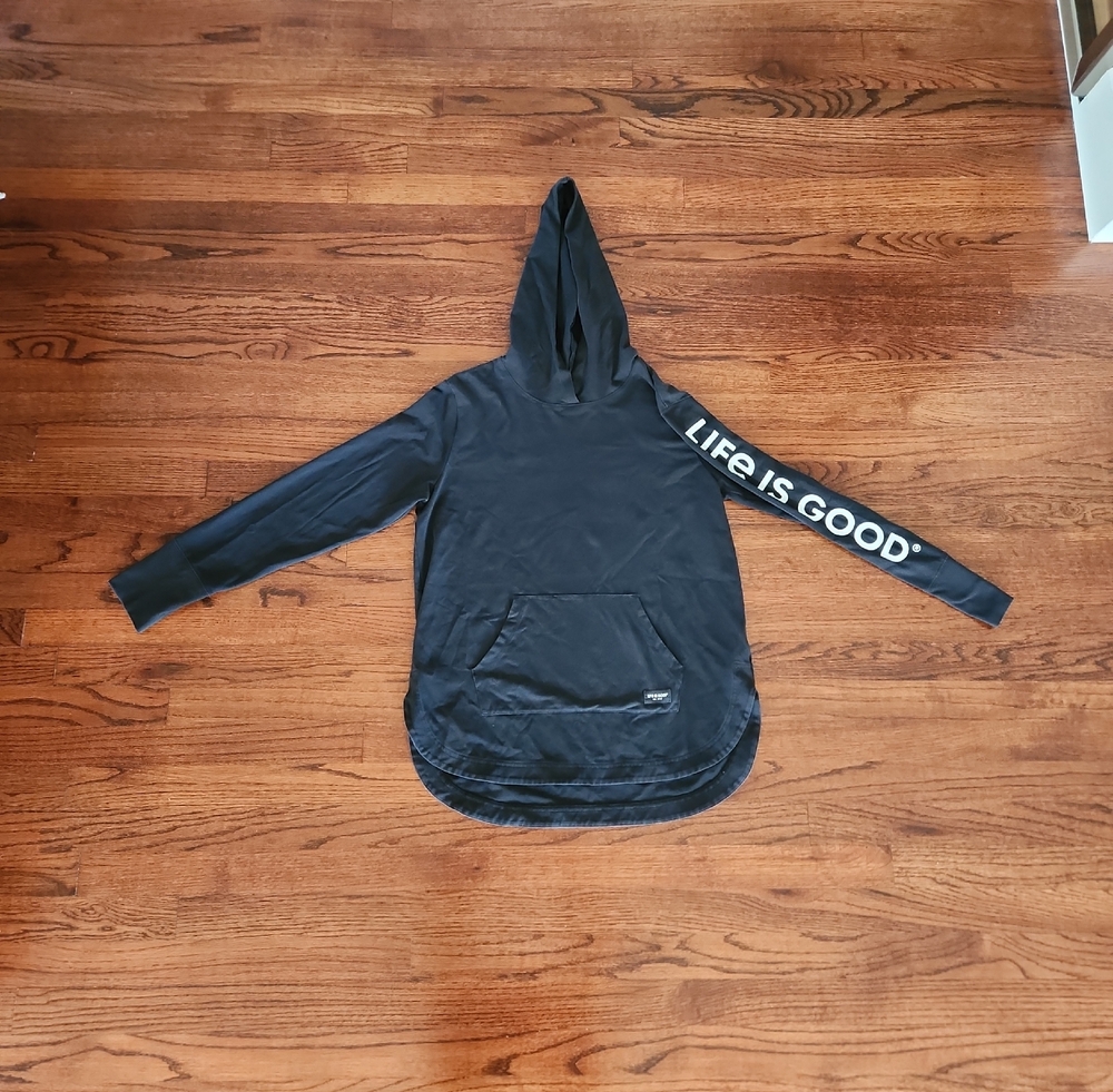Life Is Good Black Hoodie with White Sleeve Text
